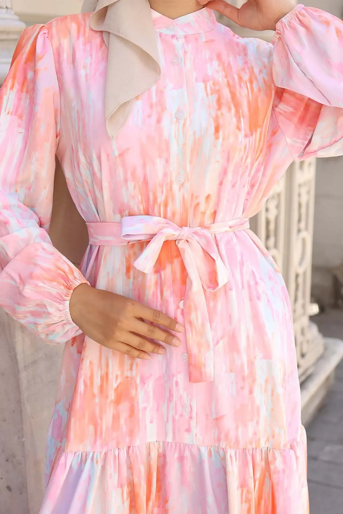 Kadın Desenli Uzun Tesettür Elbise 2586 - Pembe