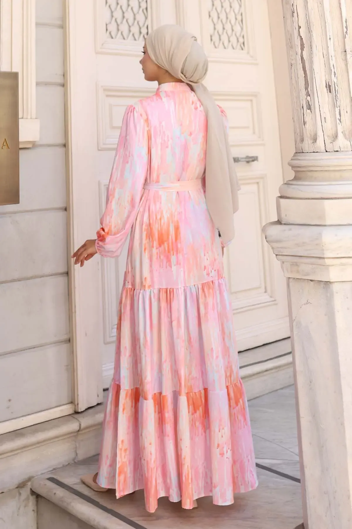 Kadın Desenli Uzun Tesettür Elbise 2586 - Pembe