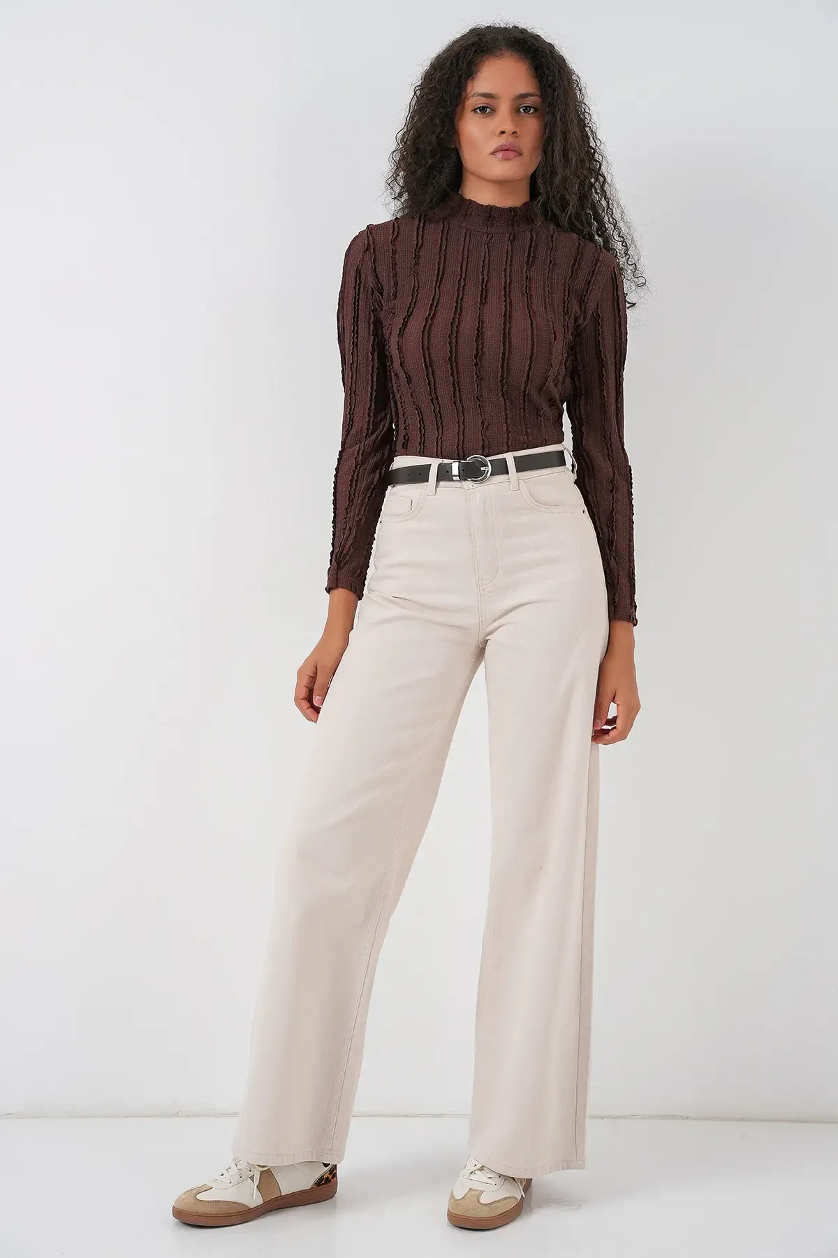 Kadın Dokulu Esnek Örme Bluz 975 - Kahverengi