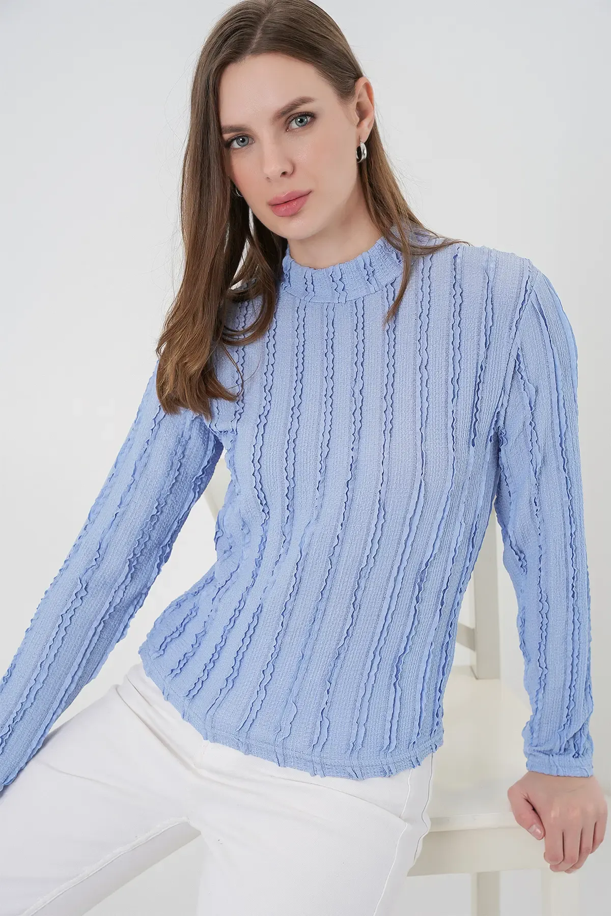 Kadın Dokulu Esnek Örme Bluz 975 - Mavi