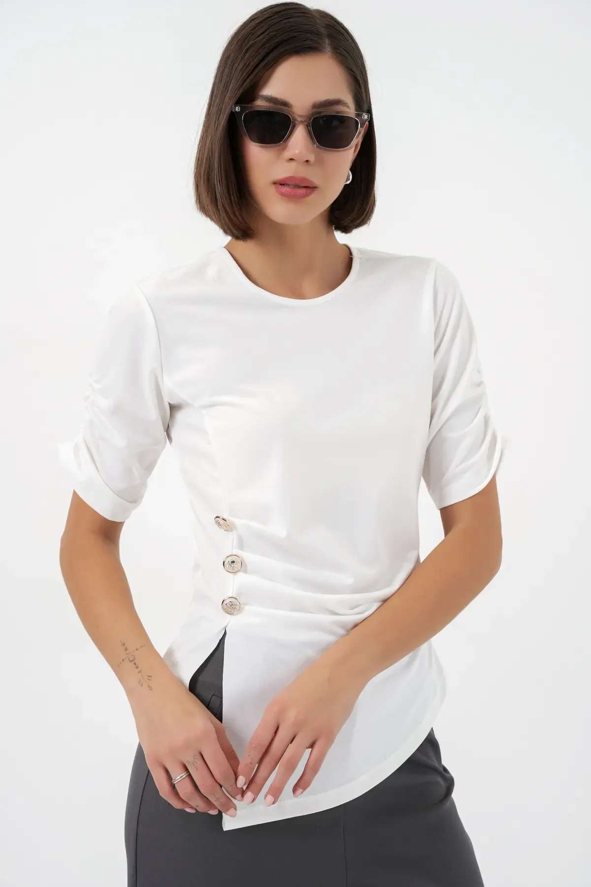 Kadın Düğme Detaylı Sandy Bluz 992 - Beyaz