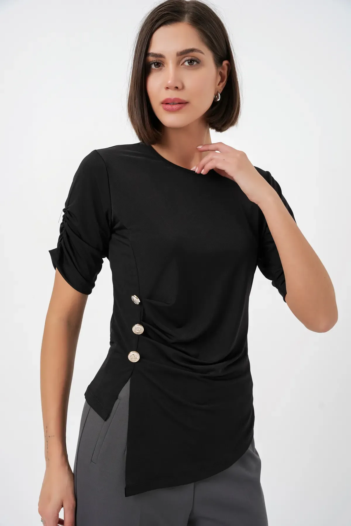 Kadın Düğme Detaylı Sandy Bluz 992 - Siyah