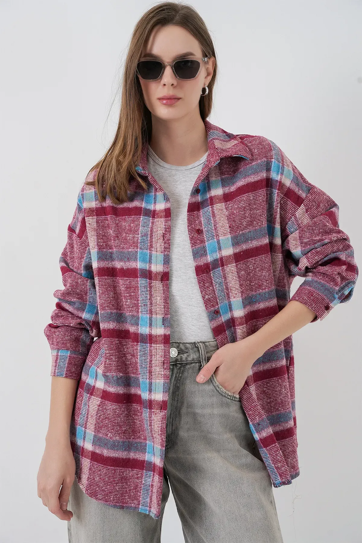 Kadın Ekose Desen Oversize Oduncu Gömlek 3854 Mor
