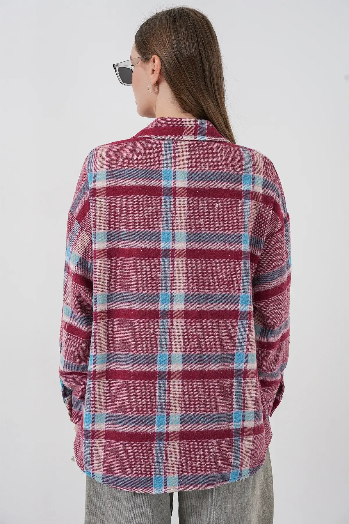 Kadın Ekose Desen Oversize Oduncu Gömlek 3854 Mor