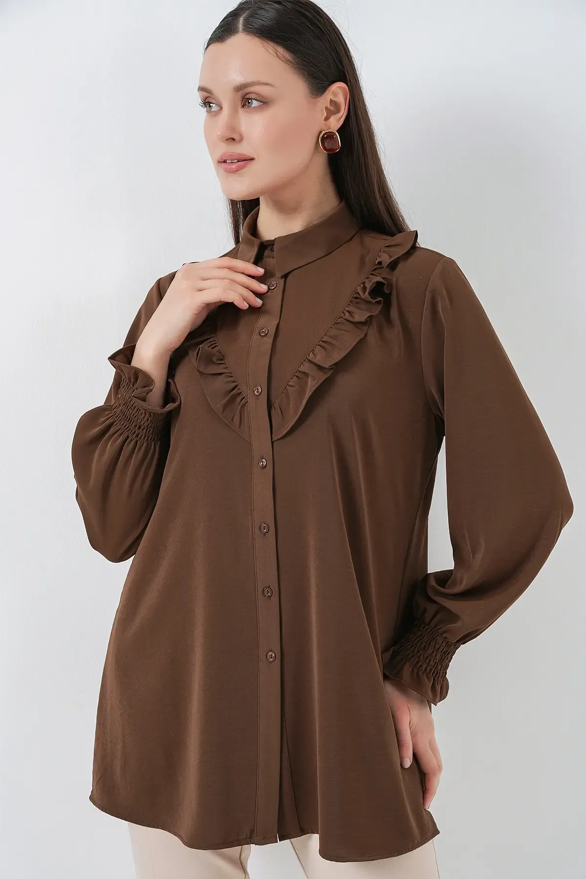 Kadın Fırfırlı Uzun Gömlek Tunik 5986 - Kahverengi