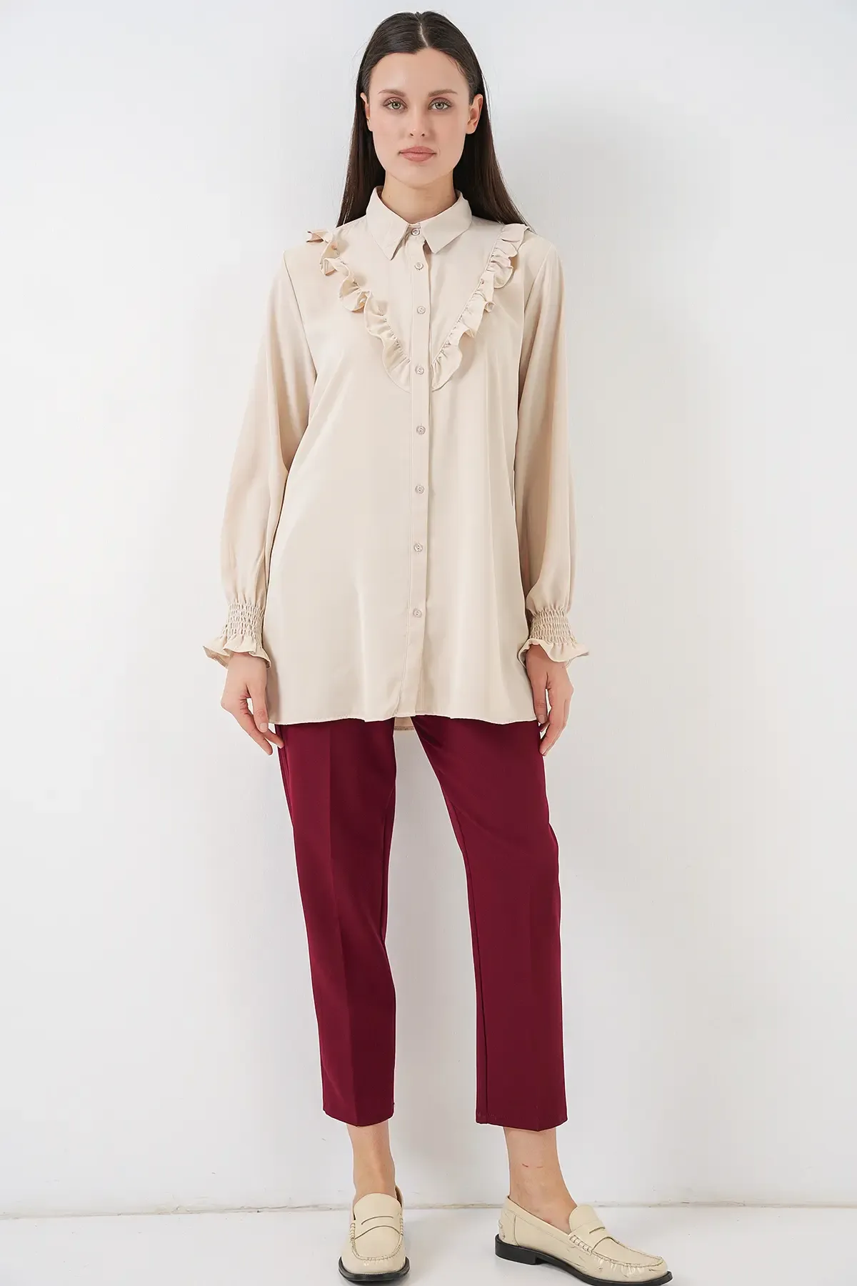 Kadın Fırfırlı Uzun Gömlek Tunik 5986 - Krem