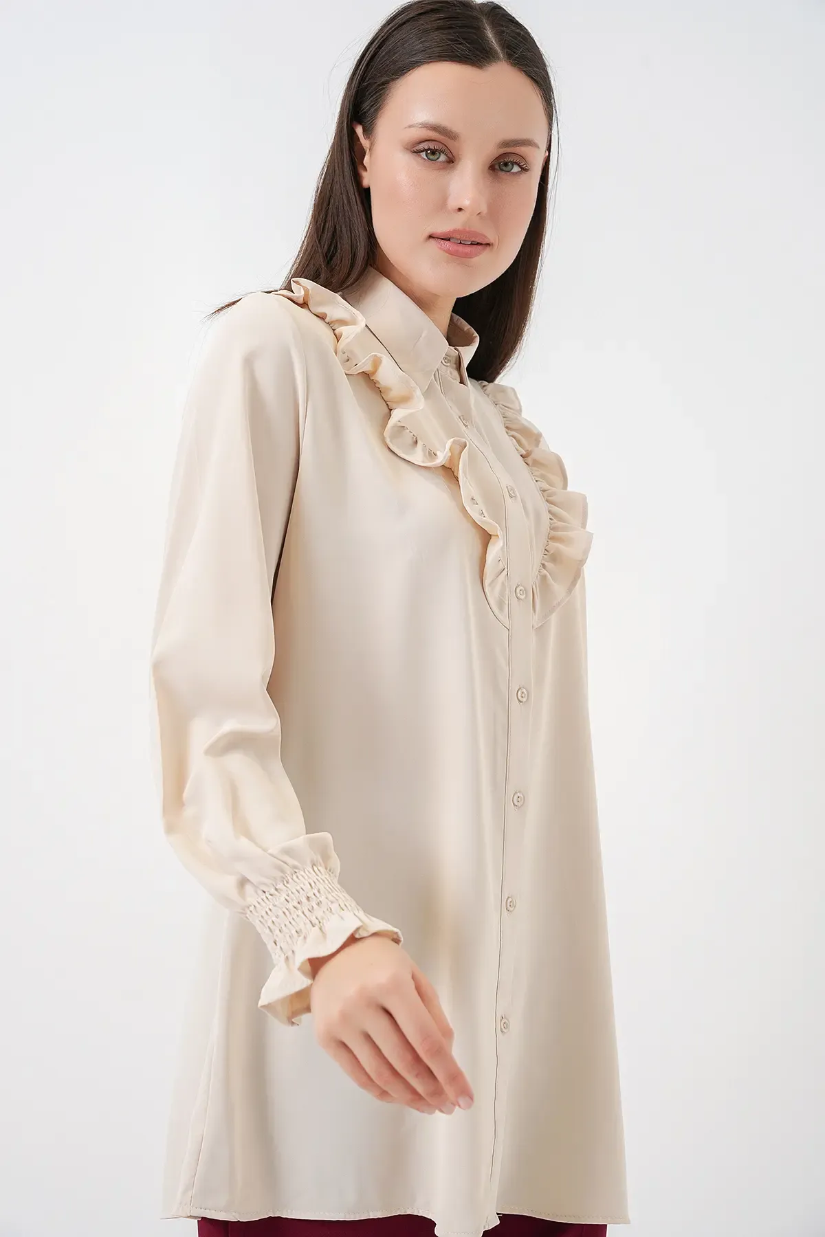 Kadın Fırfırlı Uzun Gömlek Tunik 5986 - Krem