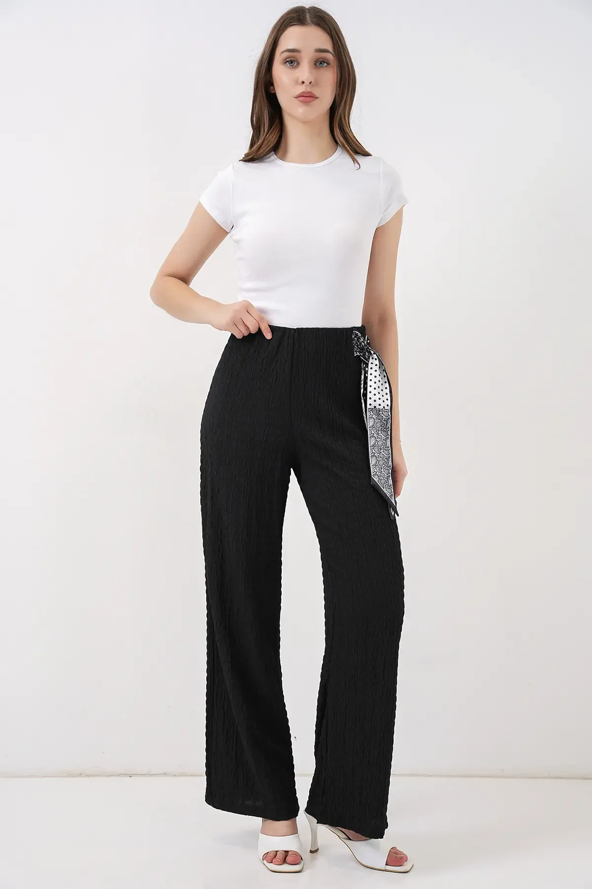 Kadın Fularlı Örme Pantolon 30070 - Siyah