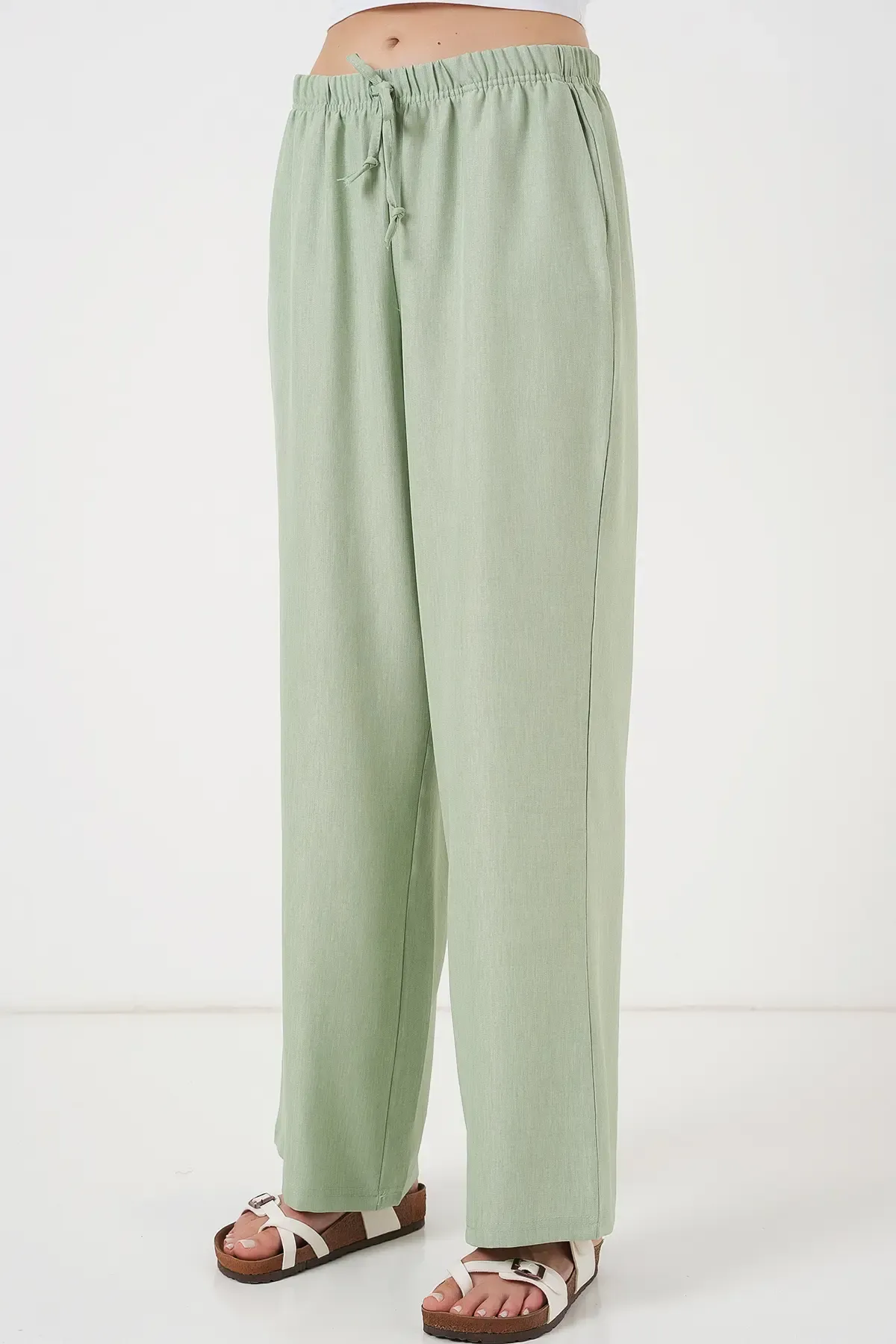 Kadın Geniş Paça Keten Pantolon 6735 - E.Yeşil
