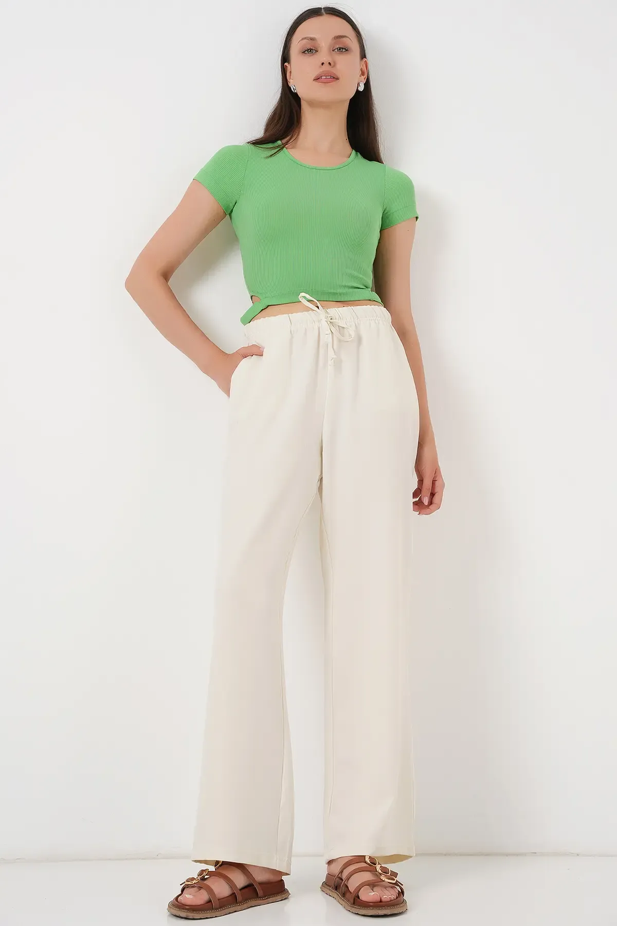 Kadın Geniş Paça Keten Pantolon 6735 - Ekru