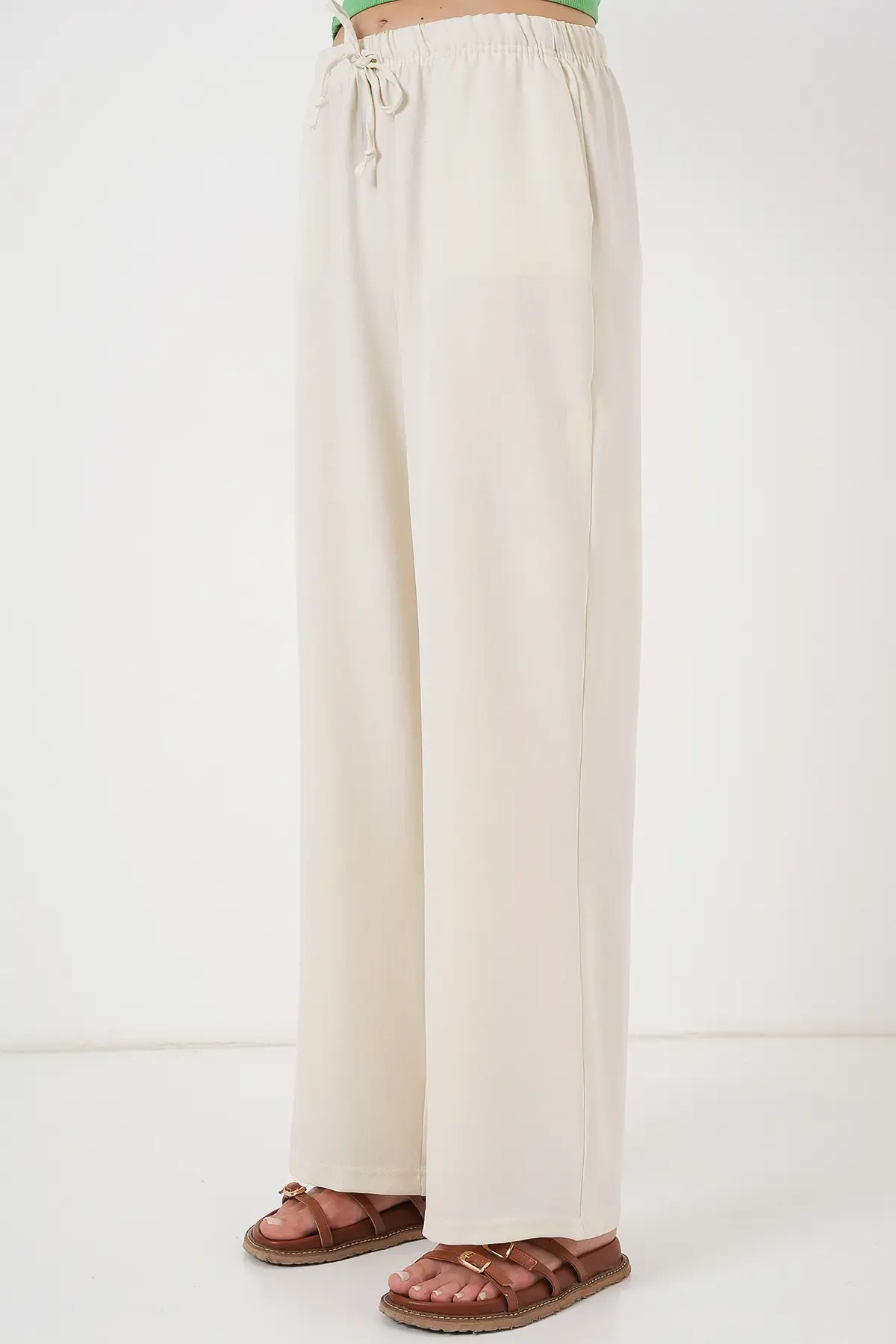 Kadın Geniş Paça Keten Pantolon 6735 - Ekru