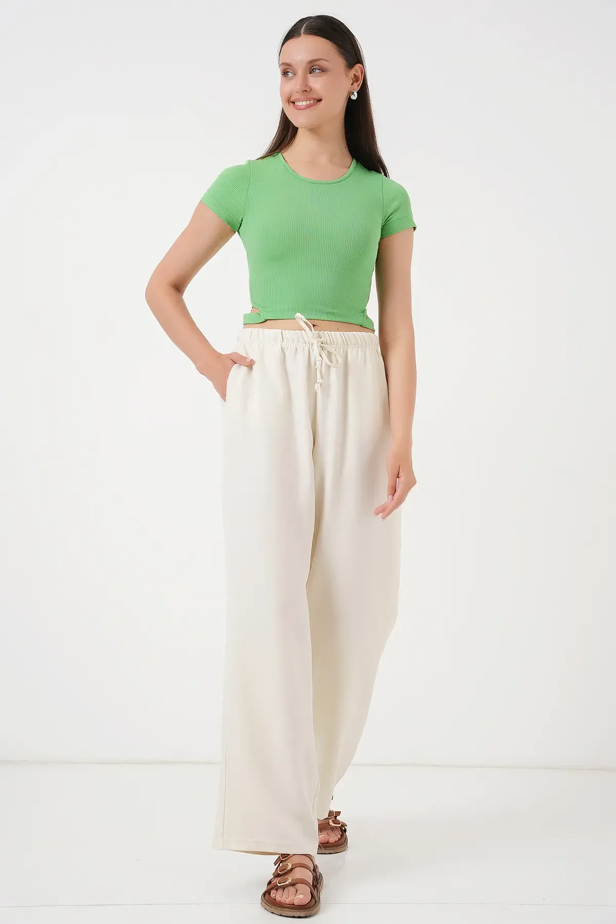 Kadın Geniş Paça Keten Pantolon 6735 - Ekru