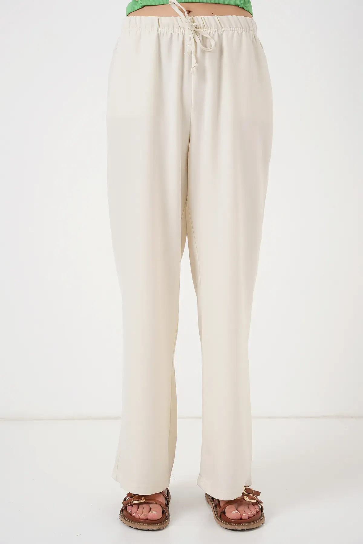 Kadın Geniş Paça Keten Pantolon 6735 - Ekru