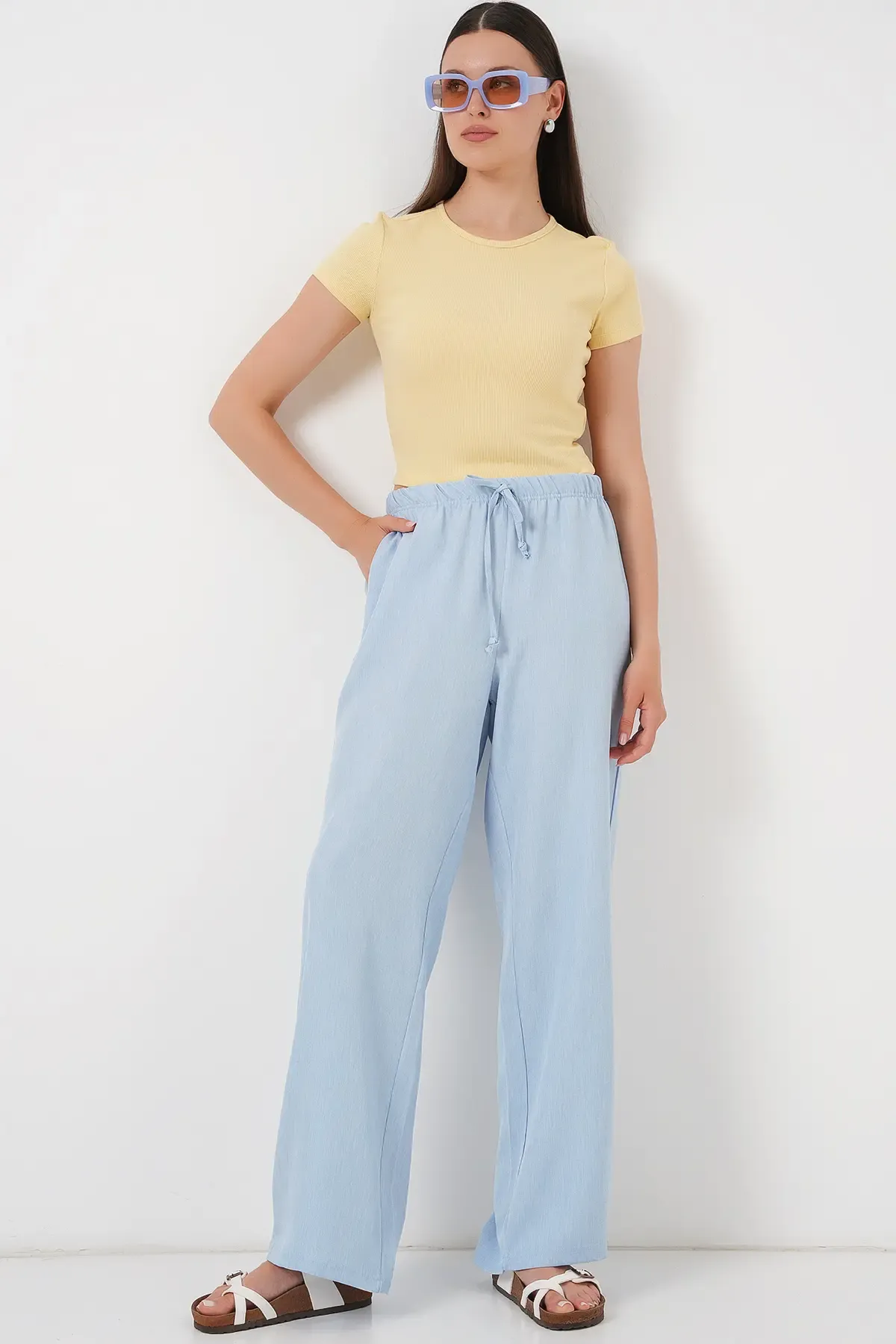 Kadın Geniş Paça Keten Pantolon 6735 - Mavi
