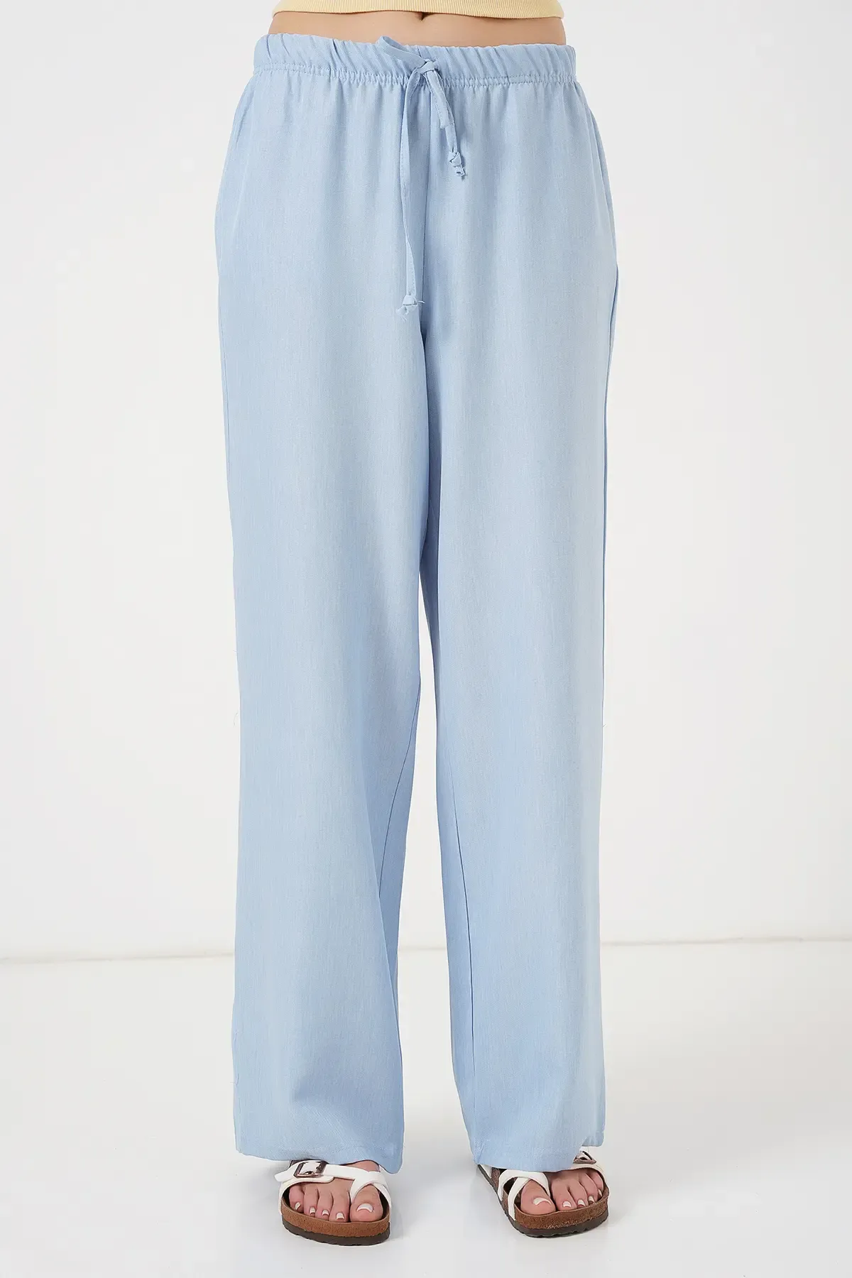 Kadın Geniş Paça Keten Pantolon 6735 - Mavi