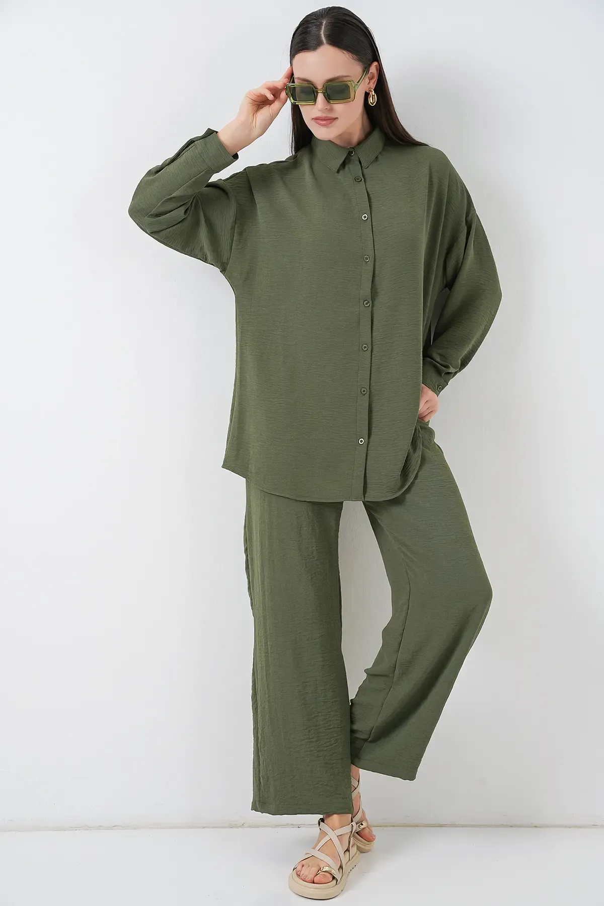 Kadın Gömlek Pantolon İkili Takım 30063 - Haki