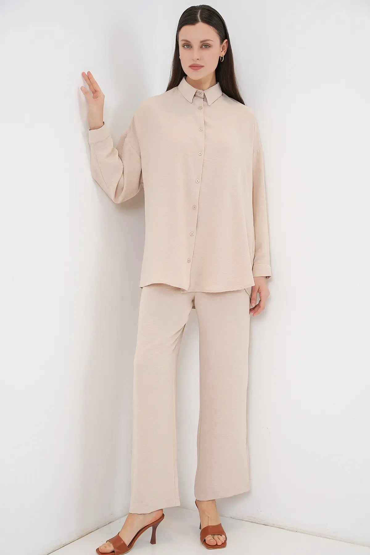 Kadın Gömlek Pantolon İkili Takım 30063 - Krem