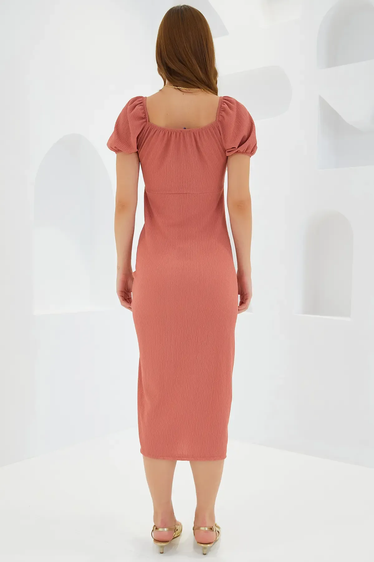 Kadın Gül Kurusu Yırtmaçlı Yazlık Örme Elbise 2396