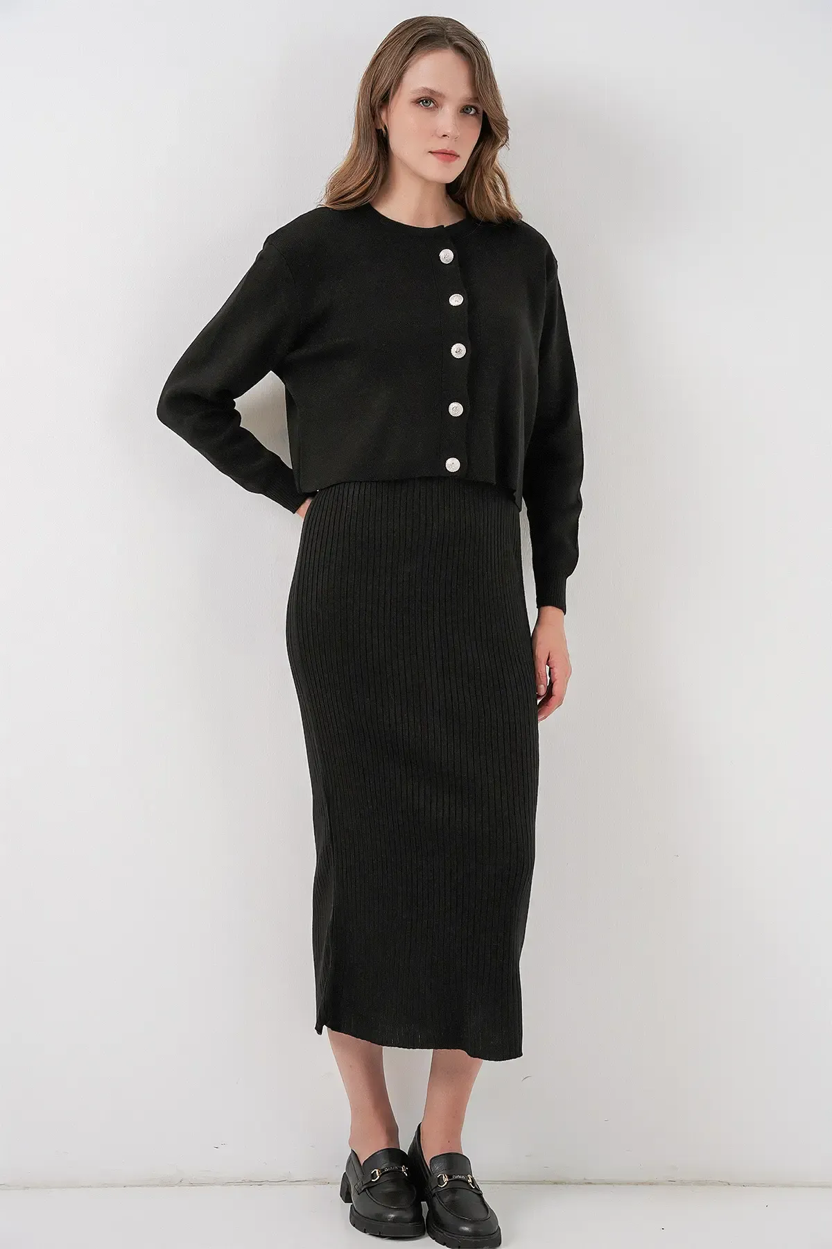 Kadın Hırka Elbise Triko İkili Takım 15960 - Siyah