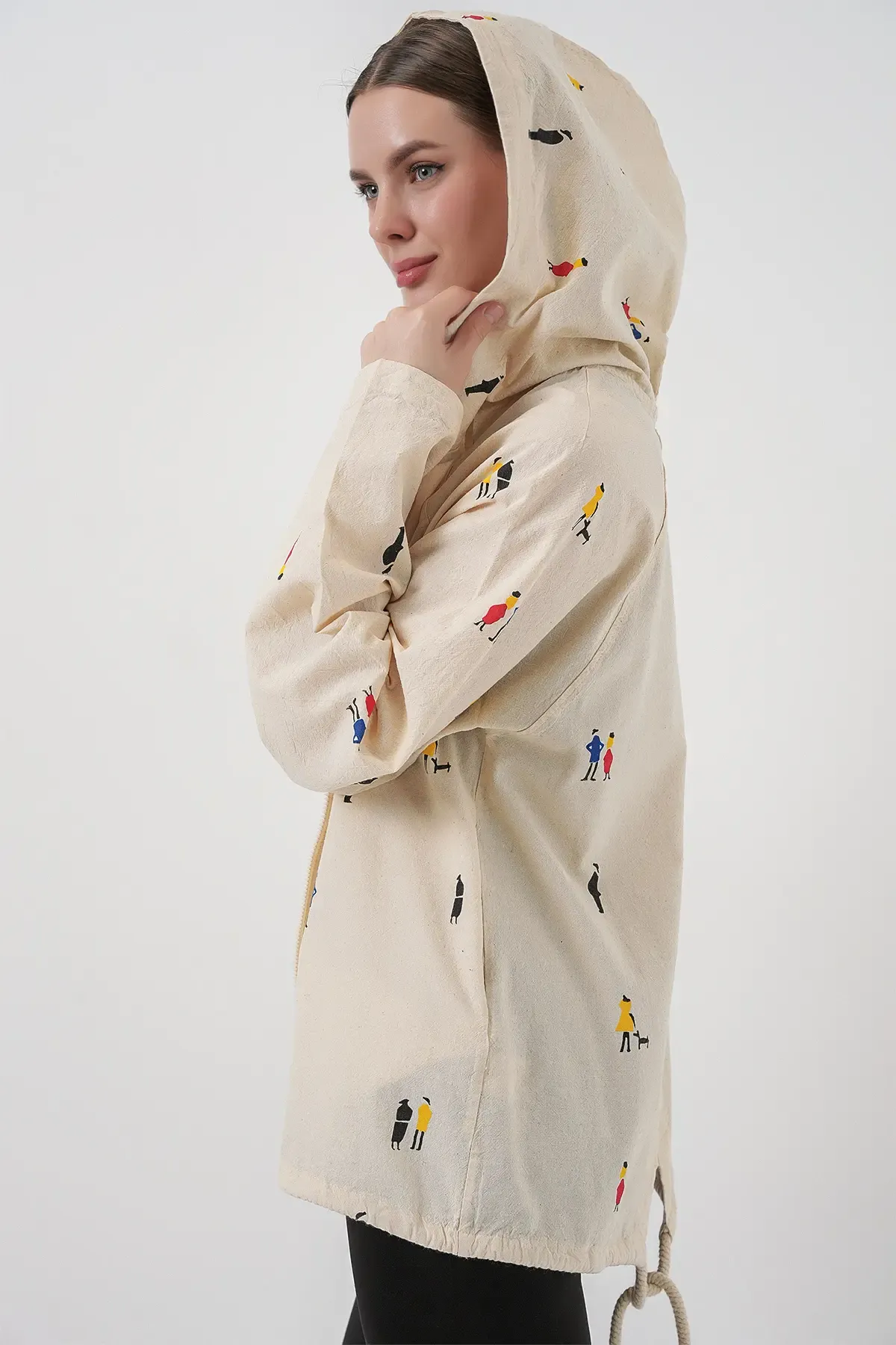 Kadın Kapüşonlu Desenli Keten Ceket 0736 - Ekru