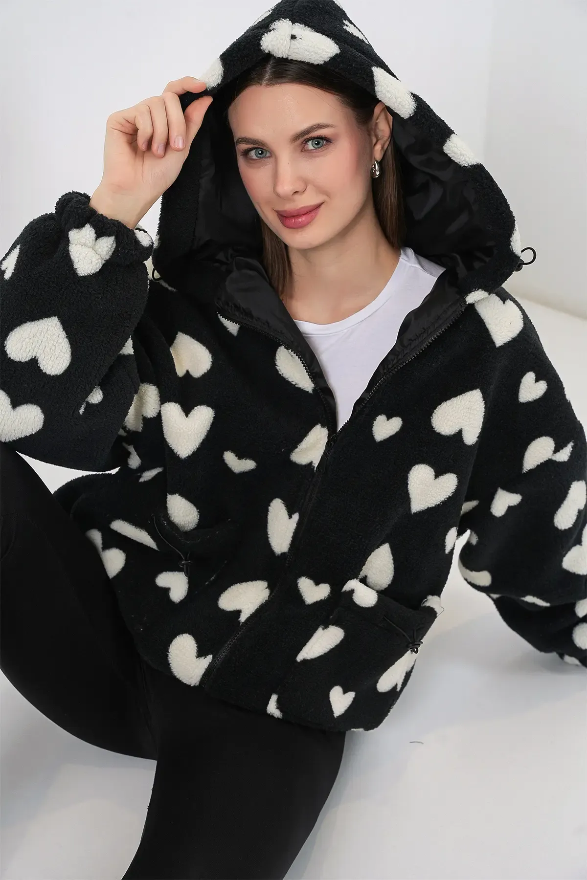 Kadın Kapüşonlu Peluş Ceket 5236 - Siyah