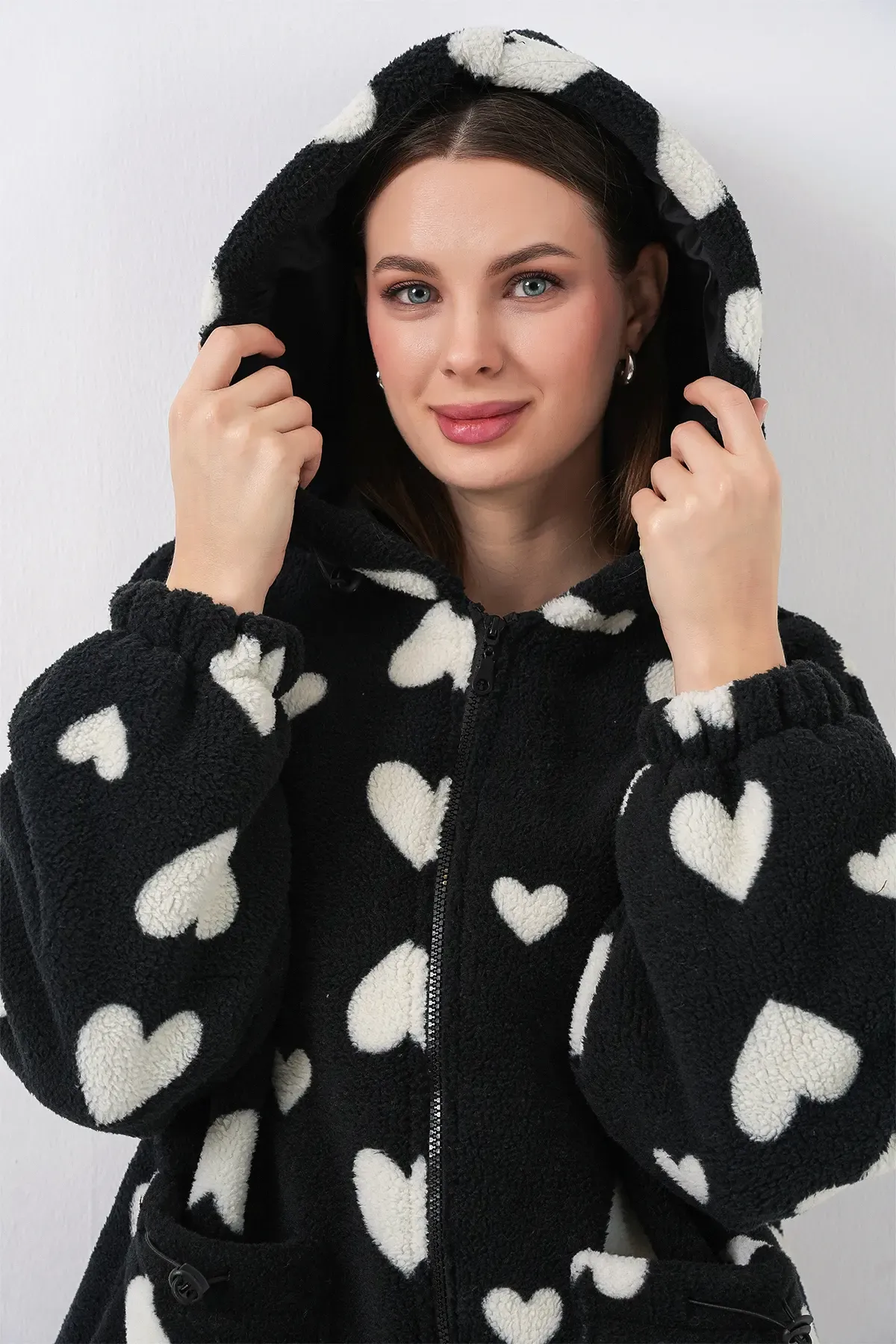 Kadın Kapüşonlu Peluş Ceket 5236 - Siyah
