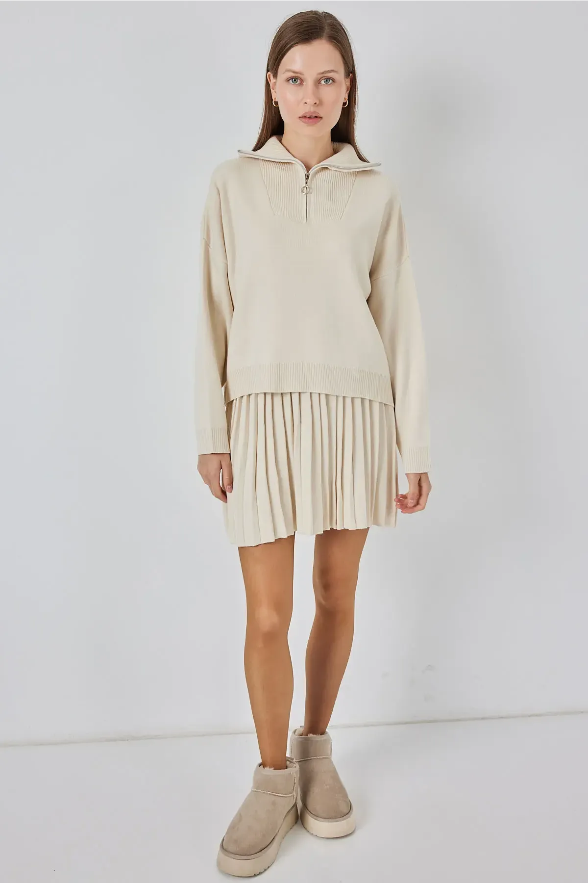 Kadın Kazak Etek İkili Takım 15938 - Ekru