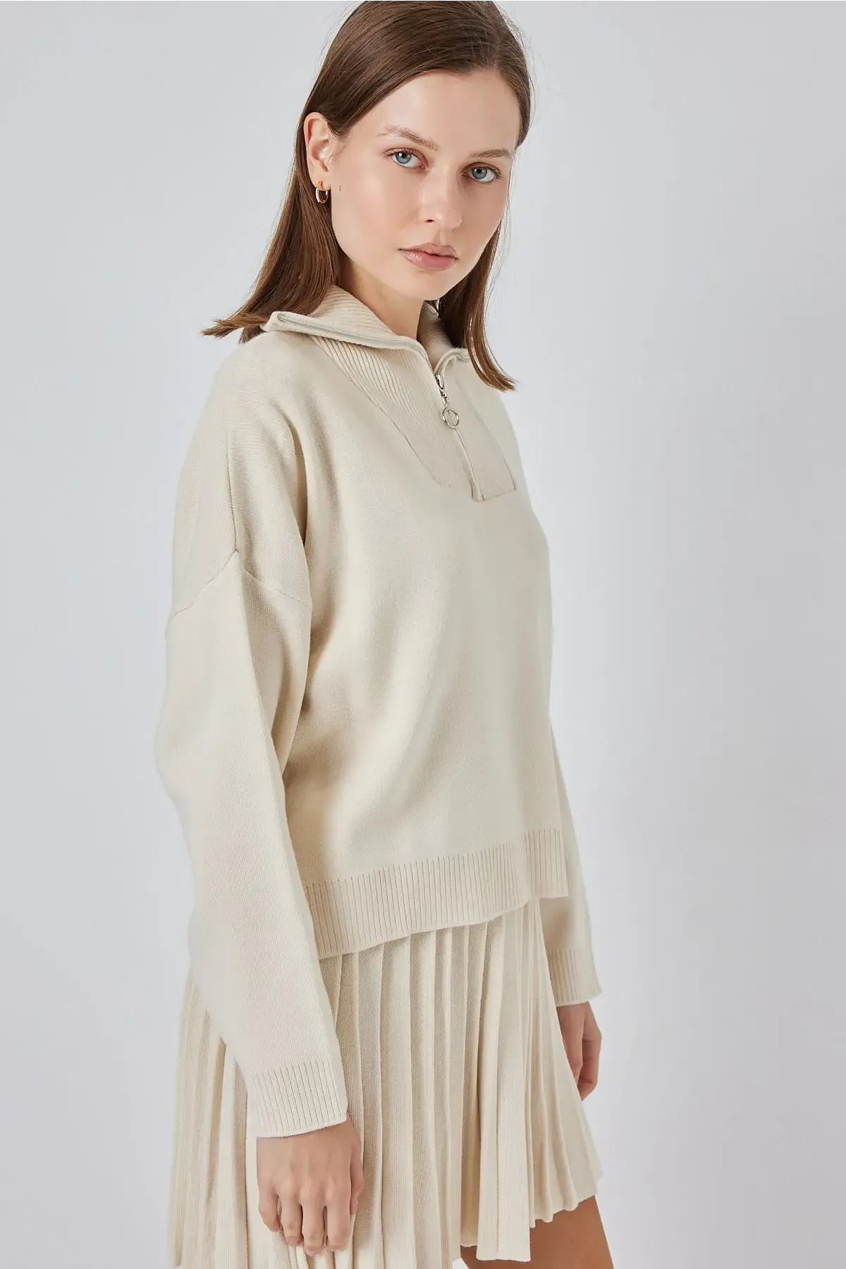 Kadın Kazak Etek İkili Takım 15938 - Ekru