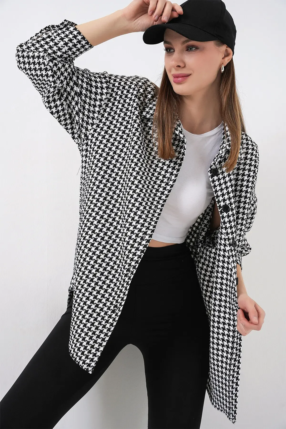 Kadın Kazayağı Desen Oversize Gömlek 3854 - Siyah - Beyaz