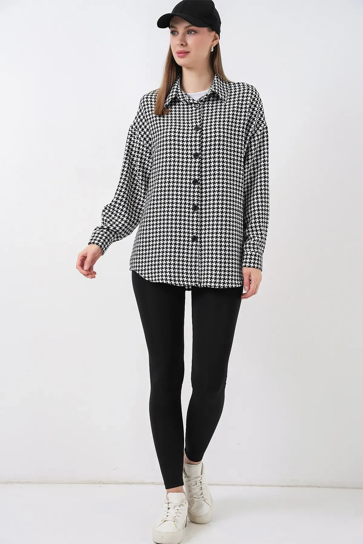 Kadın Kazayağı Desen Oversize Gömlek 3854 - Siyah - Beyaz