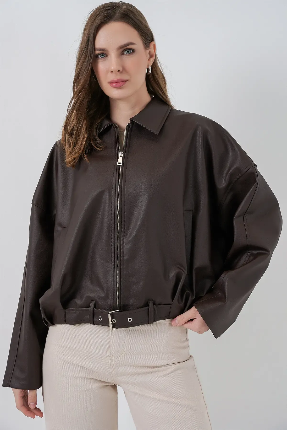 Kadın Kemer Detaylı Deri Ceket 1056 - Kahverengi