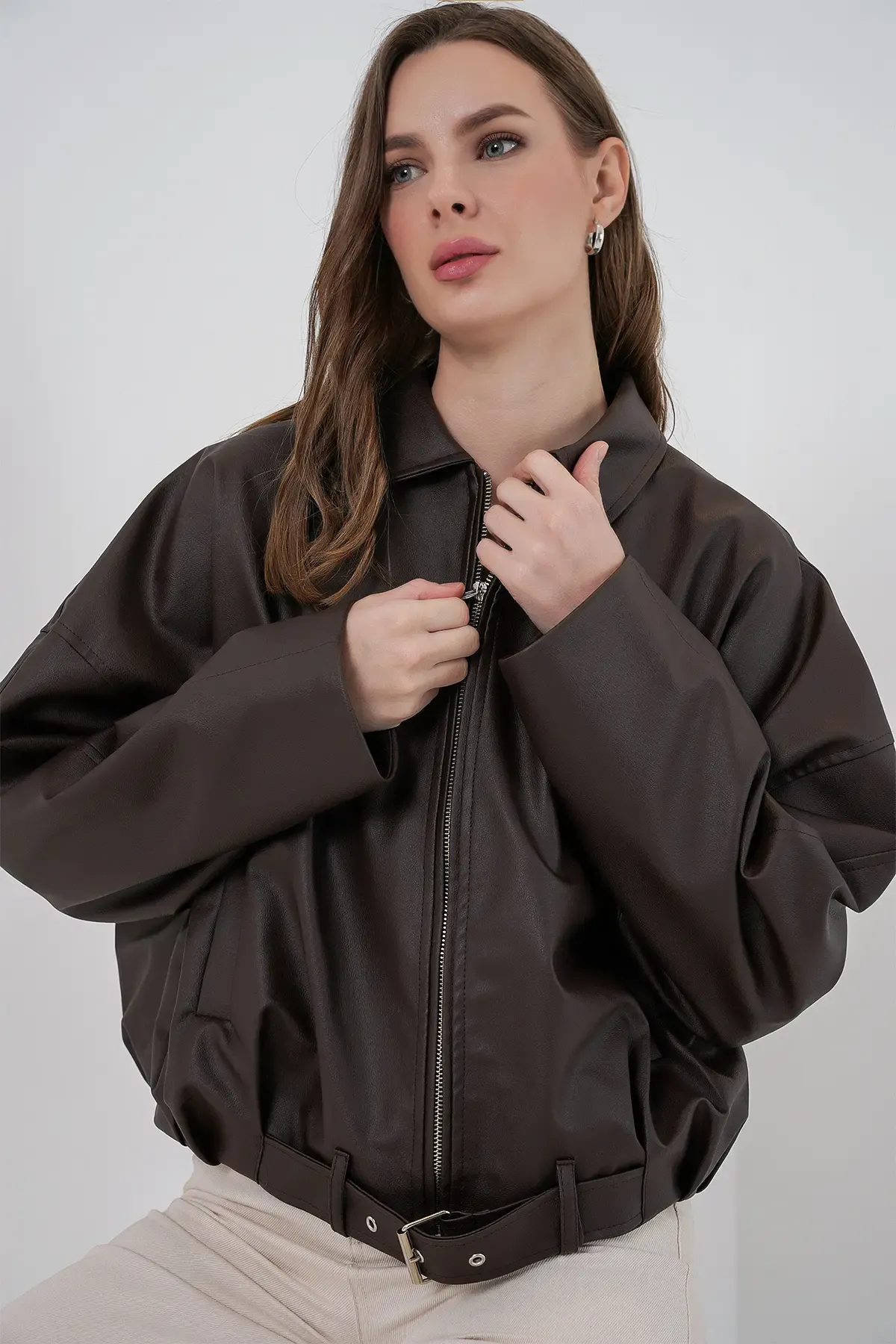 Kadın Kemer Detaylı Deri Ceket 1056 - Kahverengi