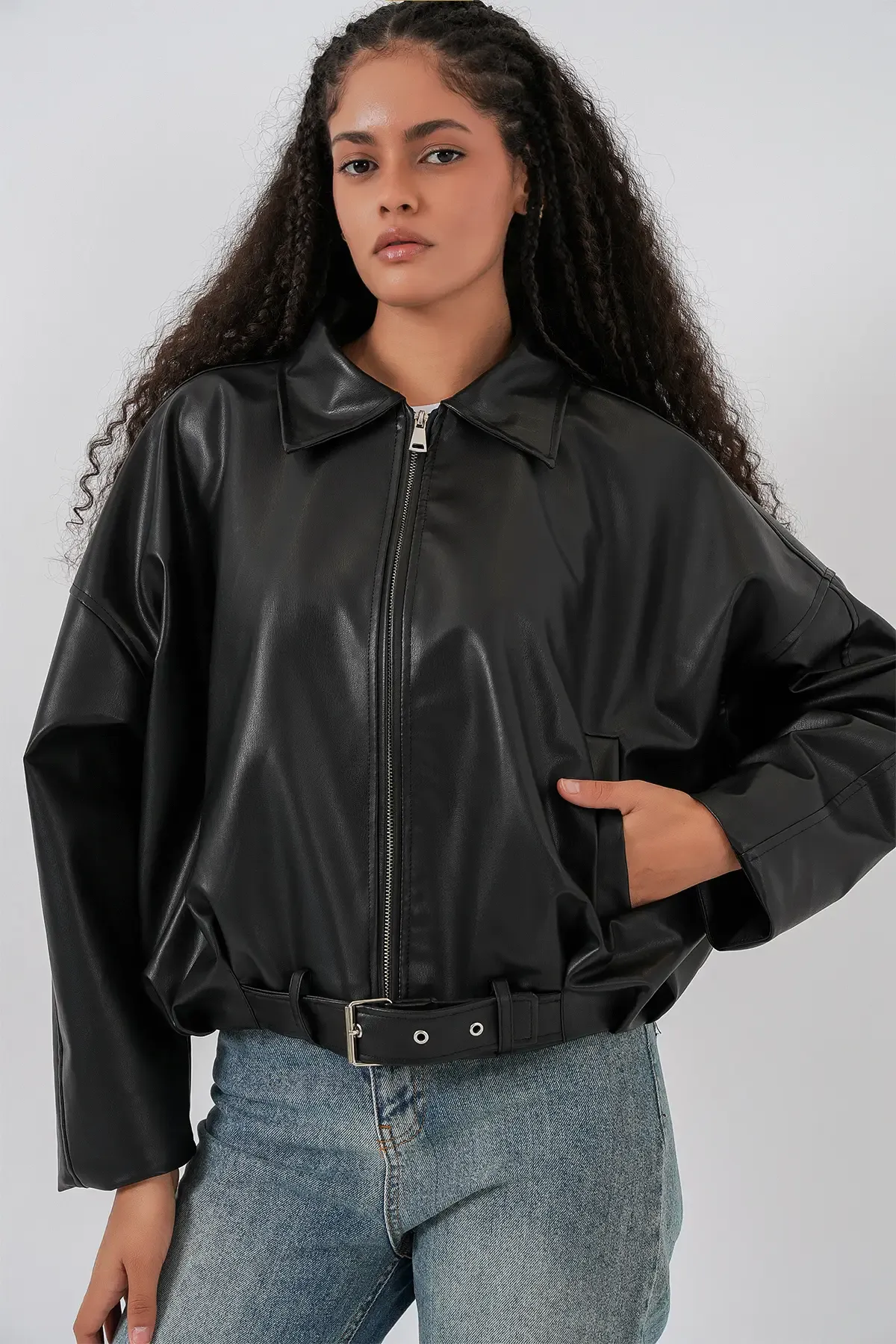 Kadın Kemer Detaylı Deri Ceket 1056 - Siyah