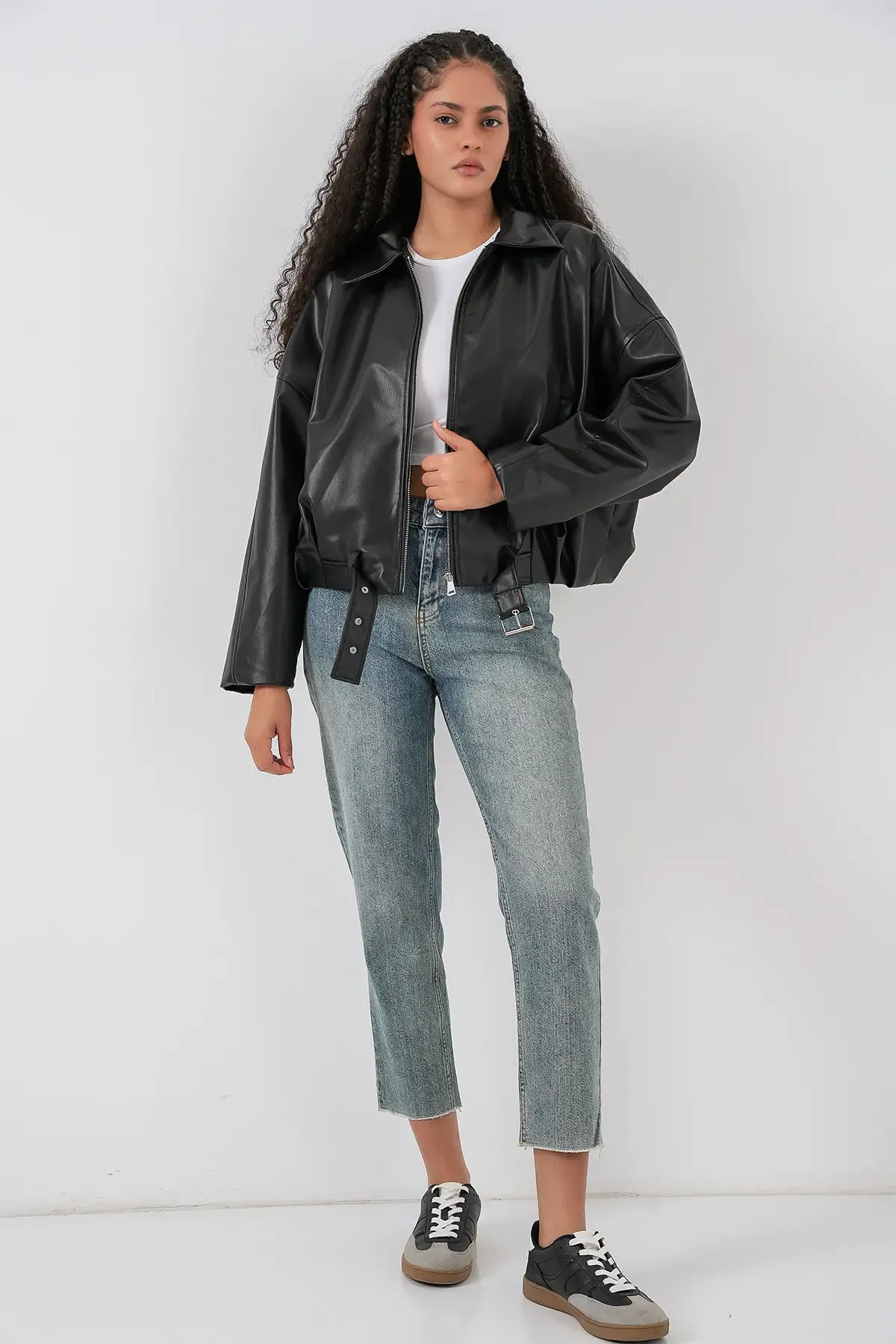 Kadın Kemer Detaylı Deri Ceket 1056 - Siyah