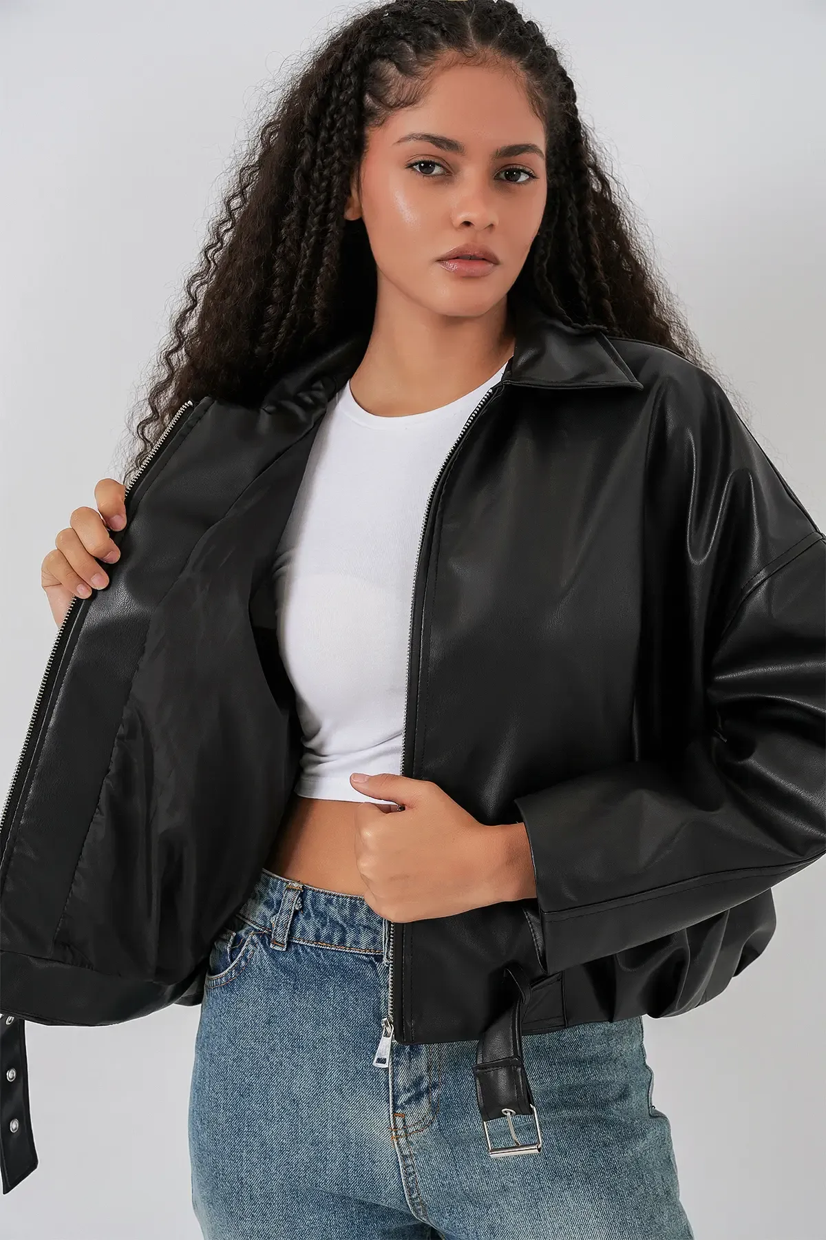 Kadın Kemer Detaylı Deri Ceket 1056 - Siyah