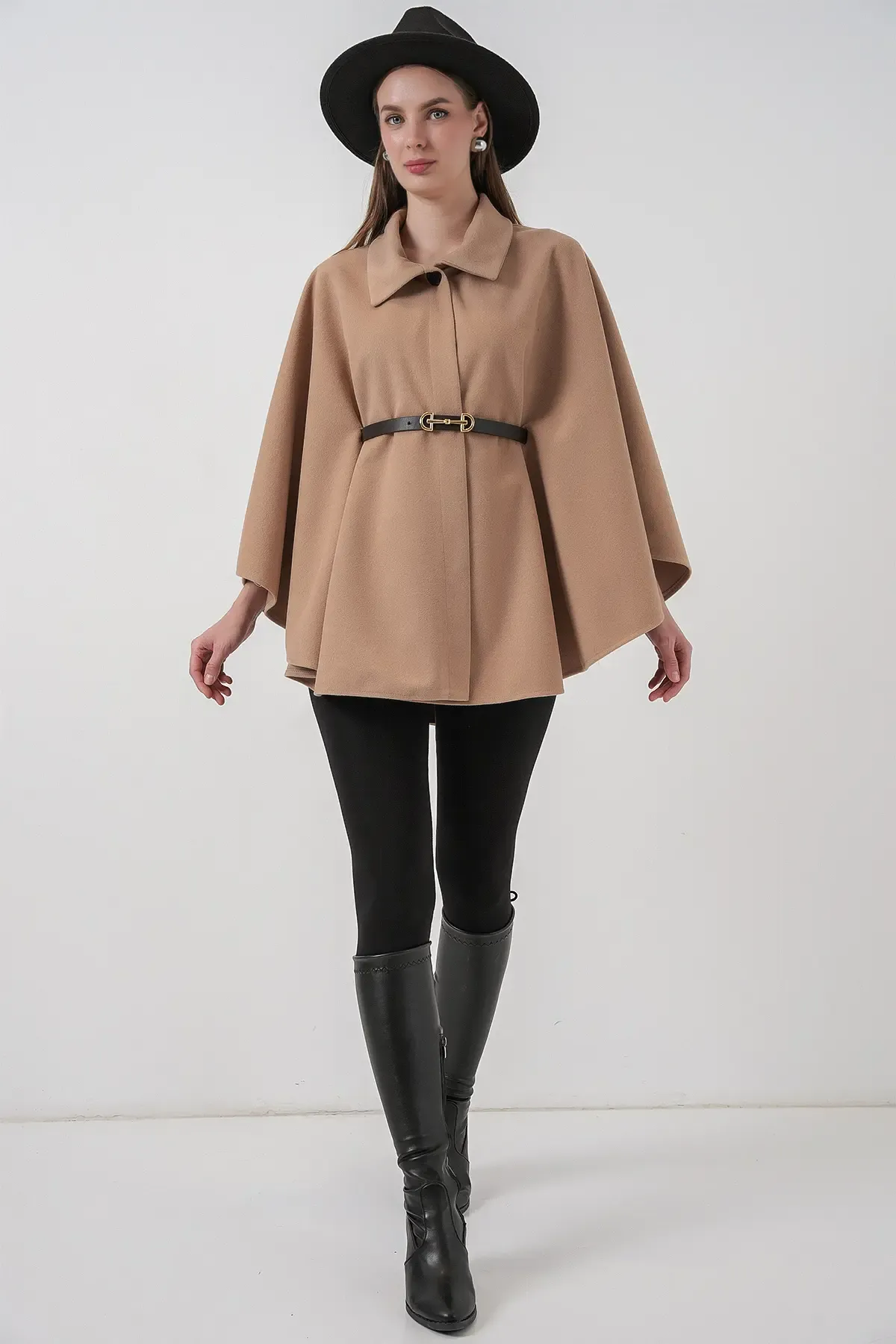 Kadın Kemerli Kaşe Panço 9170 - Camel