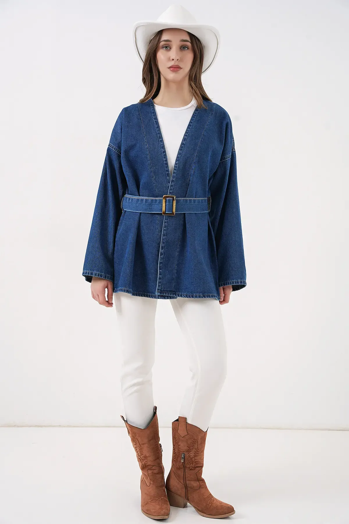 Kadın Kemerli Kot Ceket Tunik 5985 - Mavi