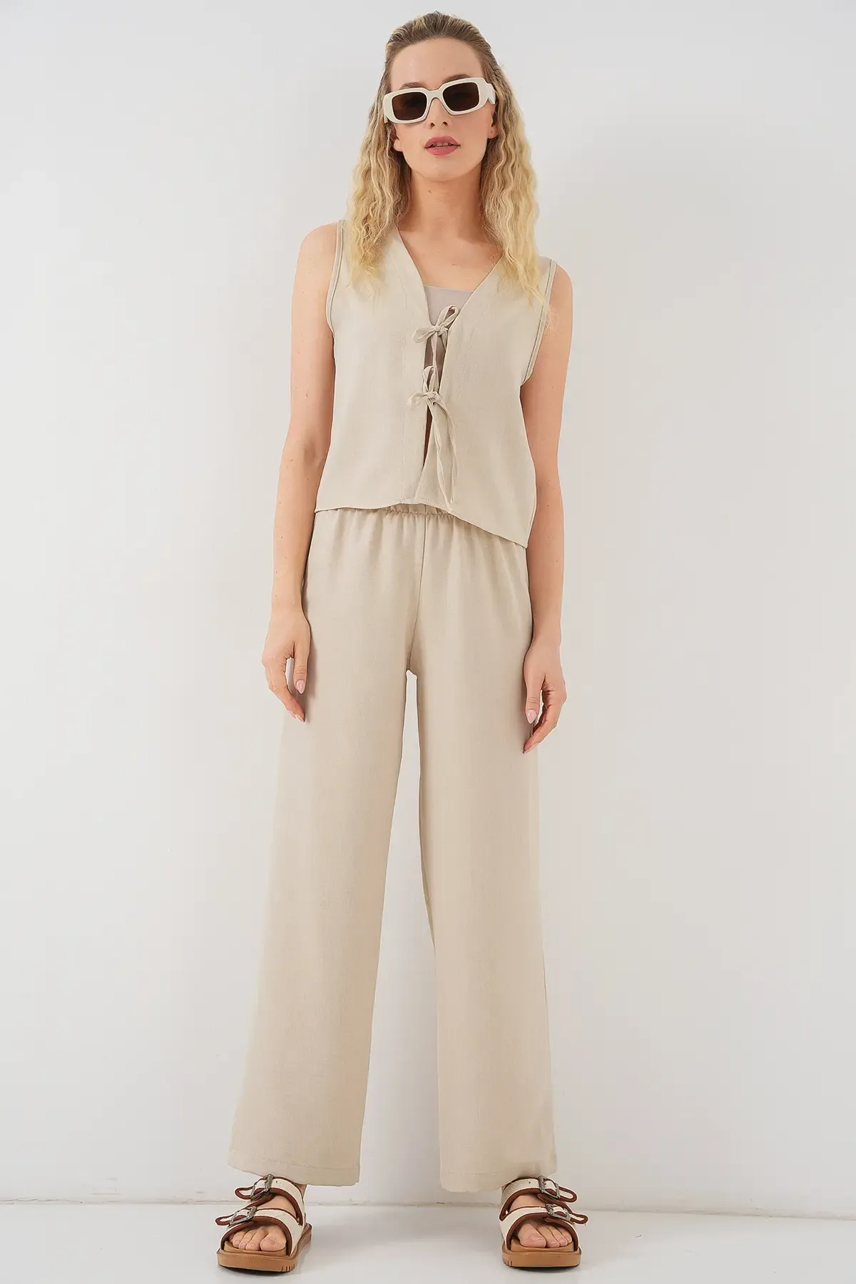 Kadın Keten Görünümlü Sıfır Kol İkili Takım 6746 - Bej