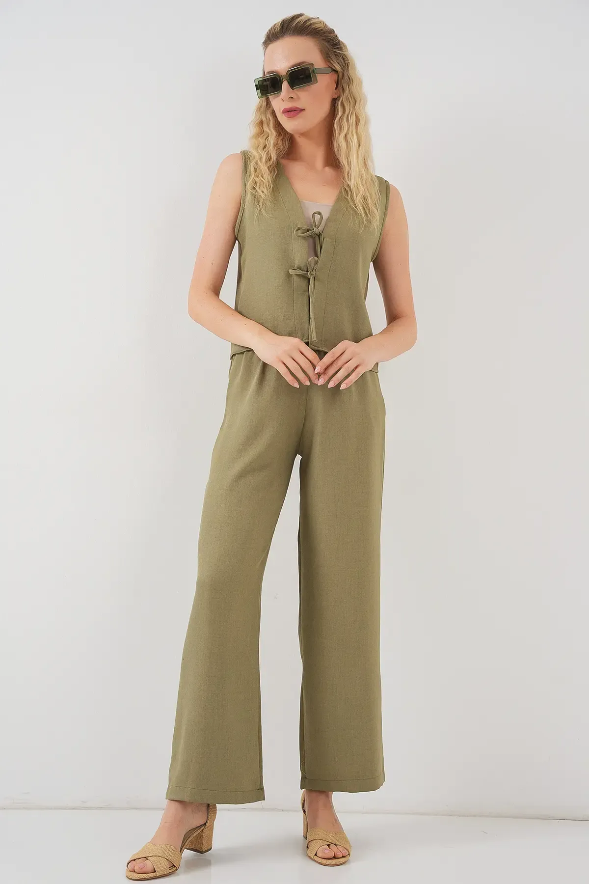 Kadın Keten Görünümlü Sıfır Kol İkili Takım 6746 - Çağla