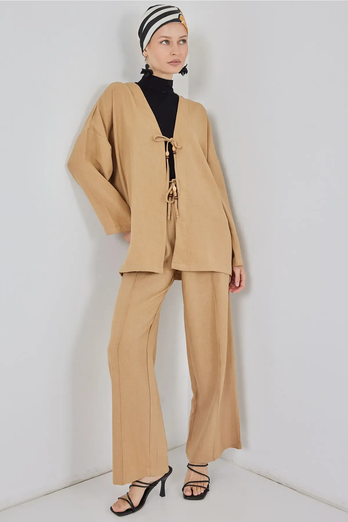 Kadın Keten Kimono İkili Takım 6727 - Bisküvi