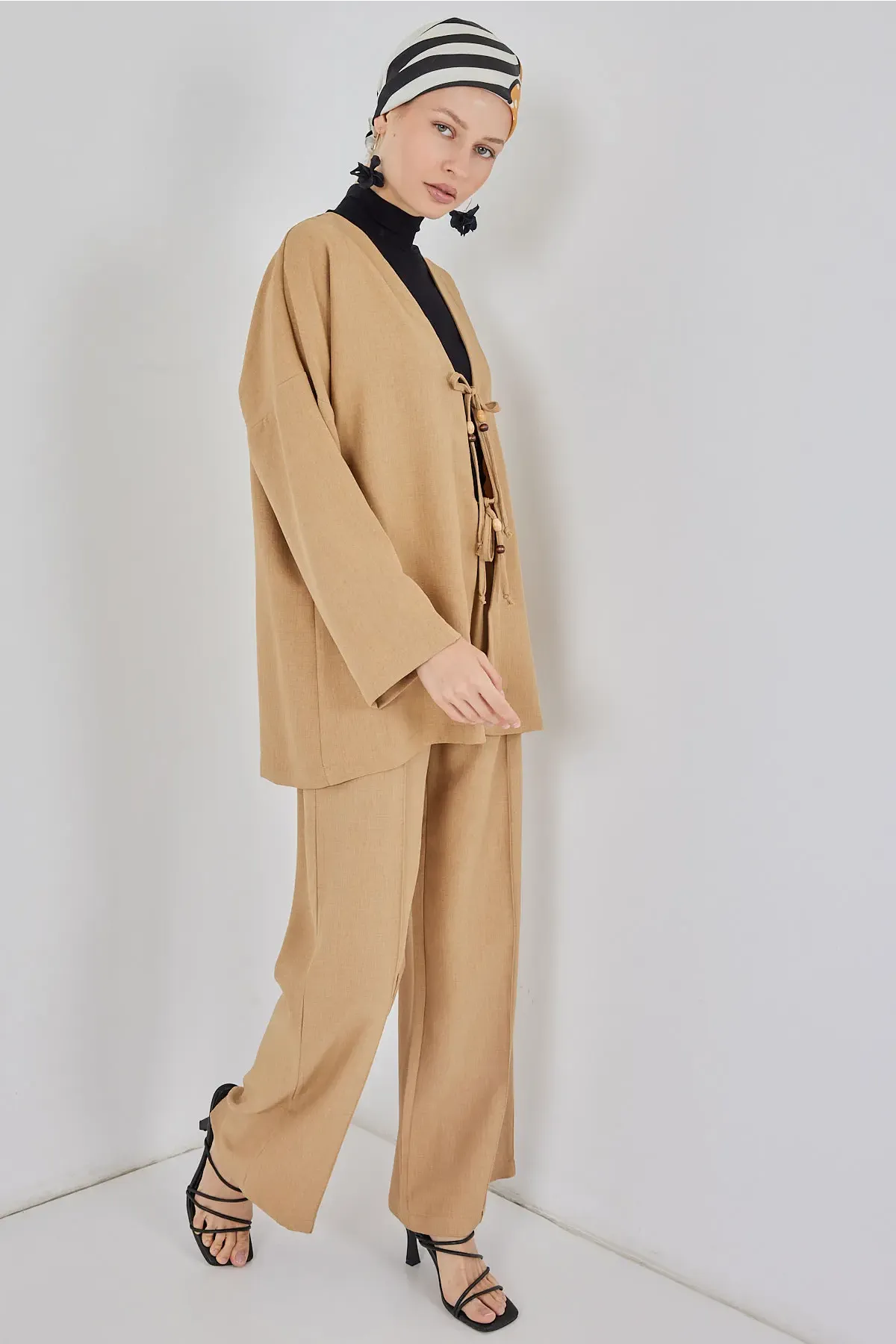 Kadın Keten Kimono İkili Takım 6727 - Bisküvi