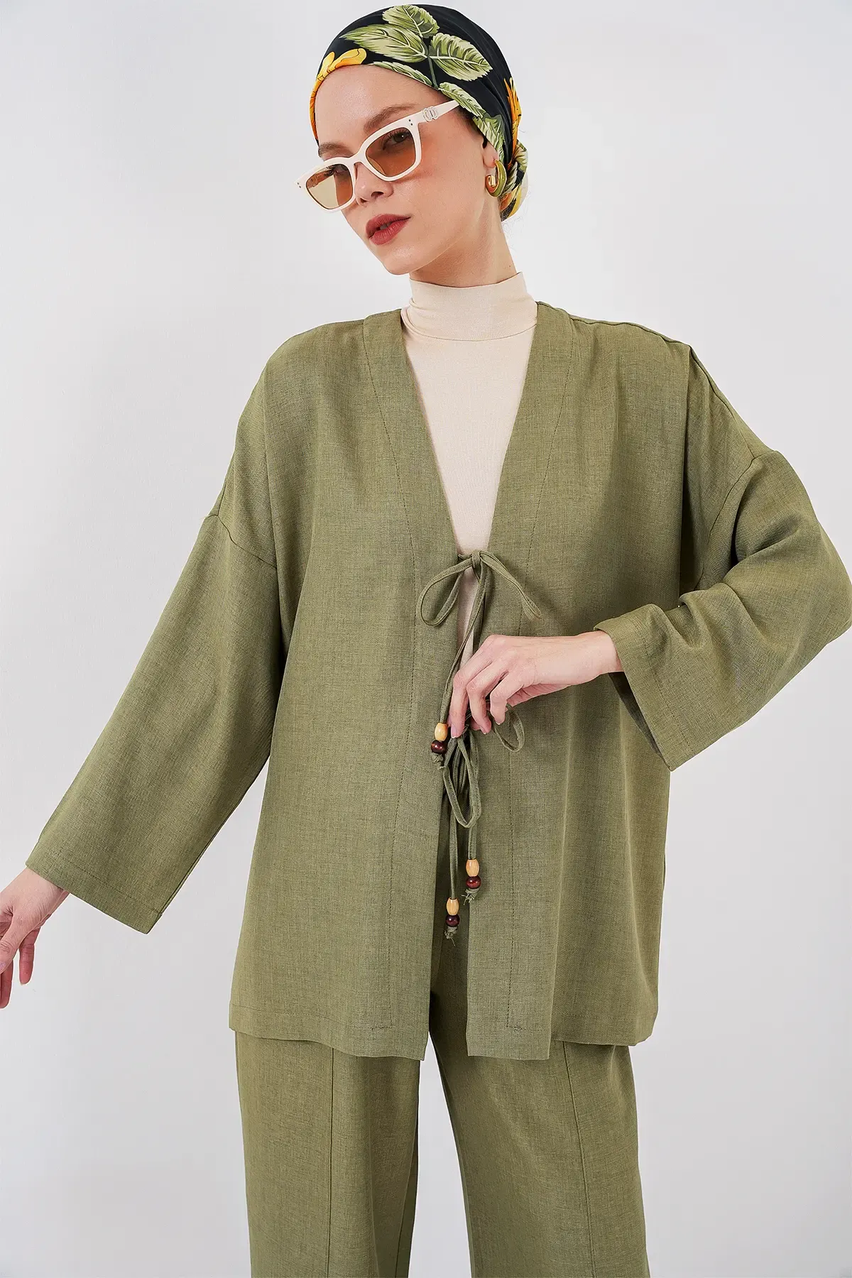 Kadın Keten Kimono İkili Takım 6727 - Çağla