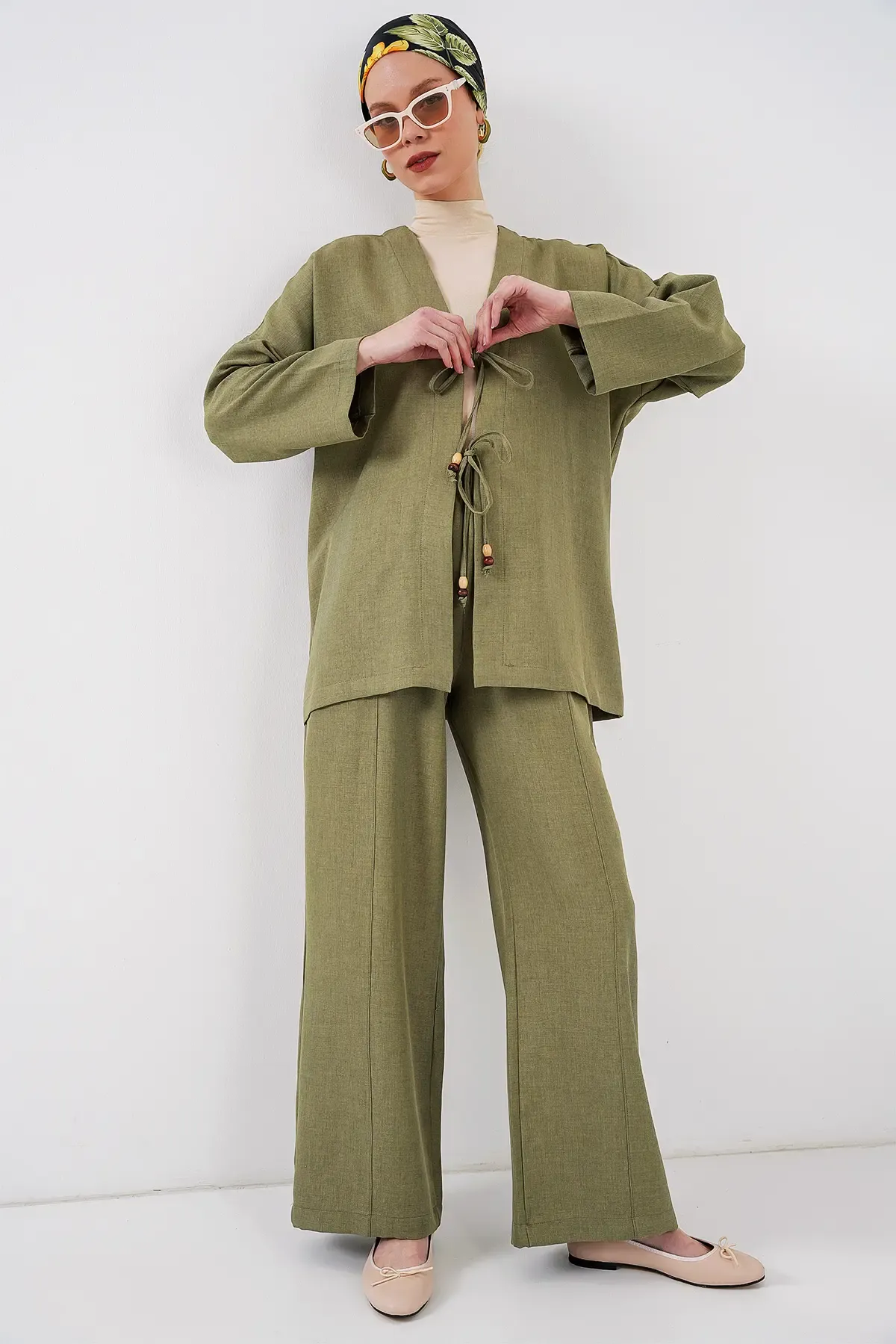 Kadın Keten Kimono İkili Takım 6727 - Çağla