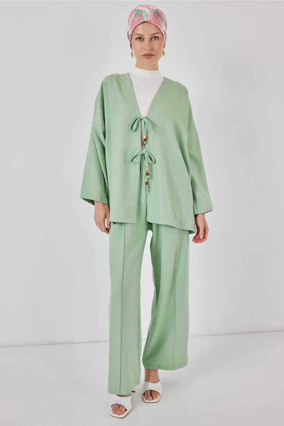 Kadın Keten Kimono İkili Takım 6727 - E.Yeşil