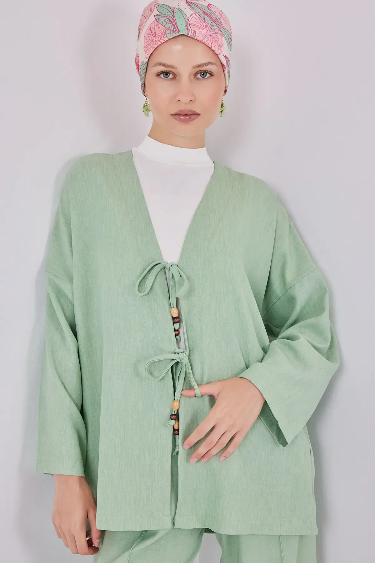 Kadın Keten Kimono İkili Takım 6727 - E.Yeşil