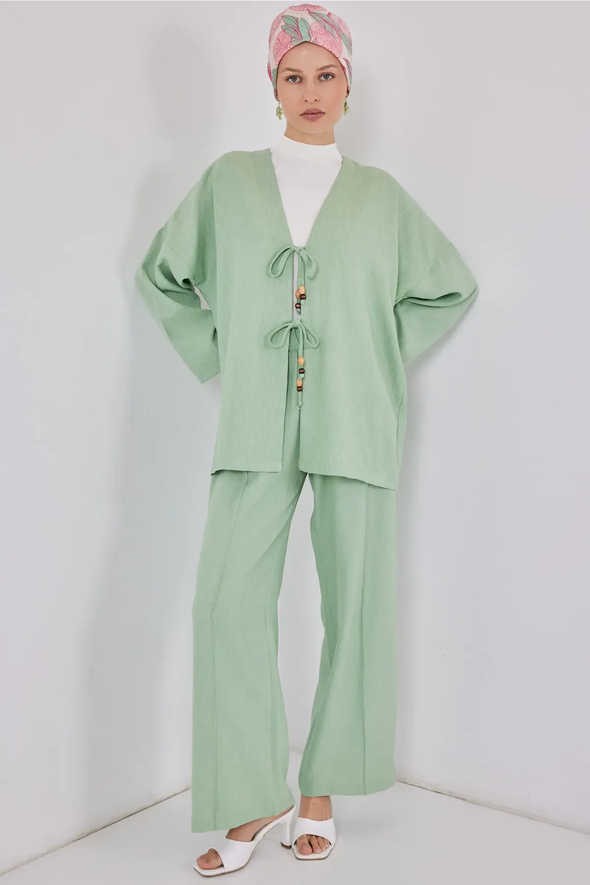 Kadın Keten Kimono İkili Takım 6727 - E.Yeşil