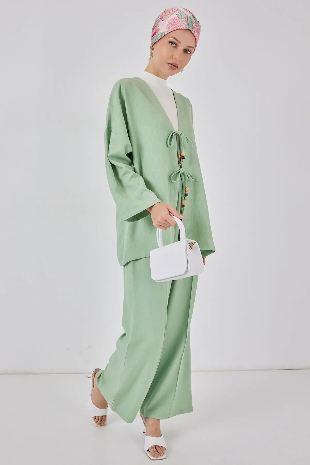 Kadın Keten Kimono İkili Takım 6727 - E.Yeşil