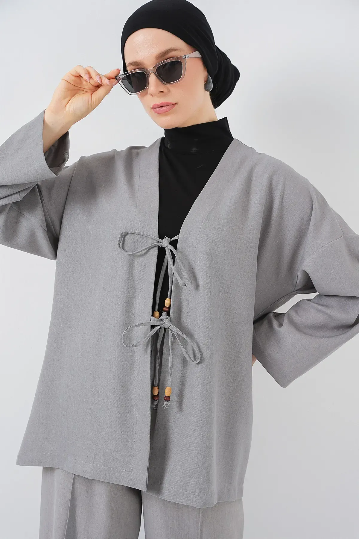 Kadın Keten Kimono İkili Takım 6727 - Gri