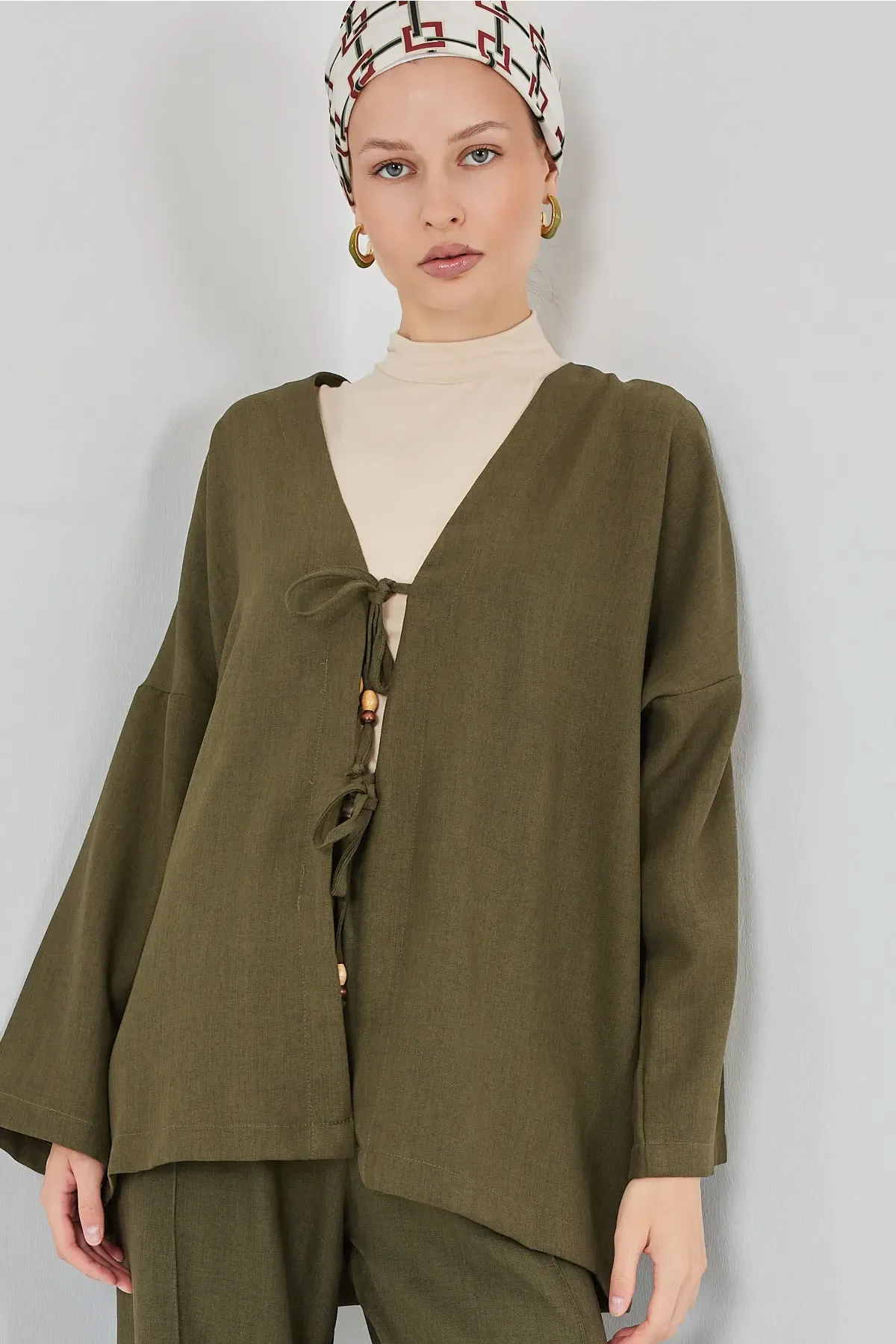 Kadın Keten Kimono İkili Takım 6727 - Haki