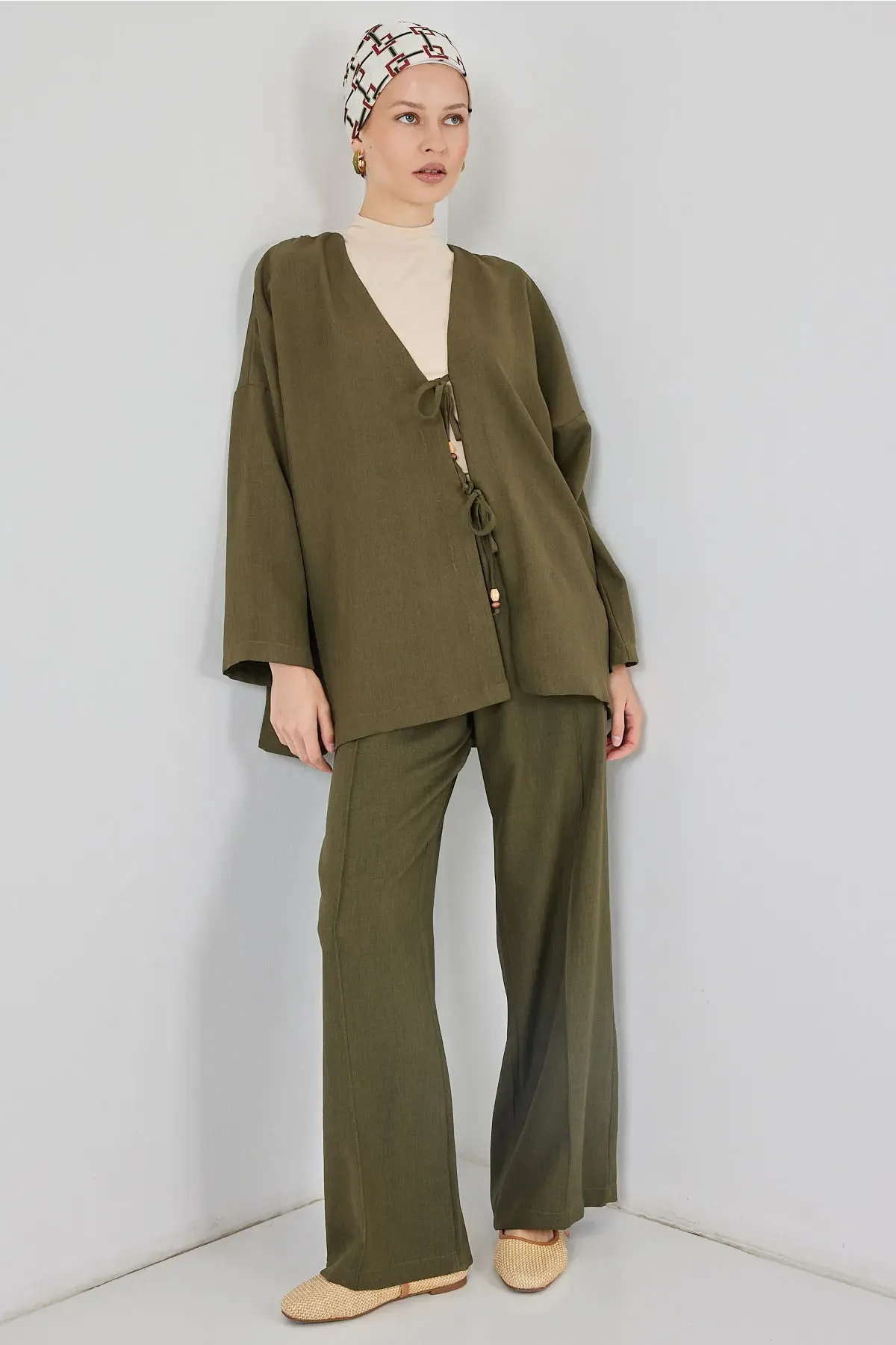 Kadın Keten Kimono İkili Takım 6727 - Haki